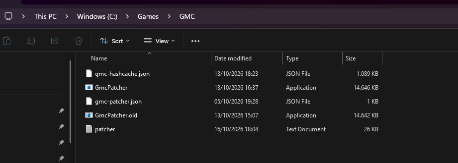 Inhalt des Ordners C:\Games\GMC mit der Datei GmcPatcher